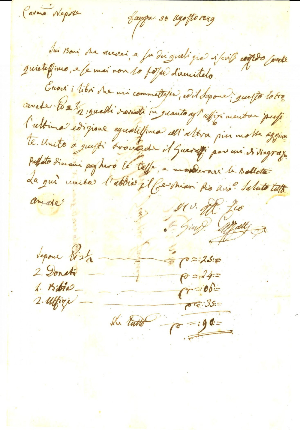 Manoscritto, lettera originale 1849 FAENZA Conte Giuseppe AZZALLI prepatra il conto dei libri e del sapone 1