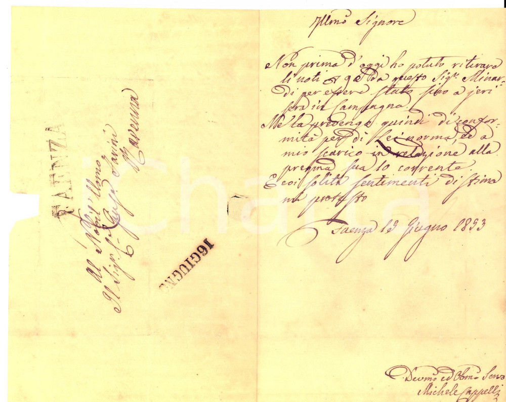 Manoscritto, lettera originale 1853 FAENZA Michele CAPPELLI ritira credito da MINARDI per conte Giuseppe FARINI 1