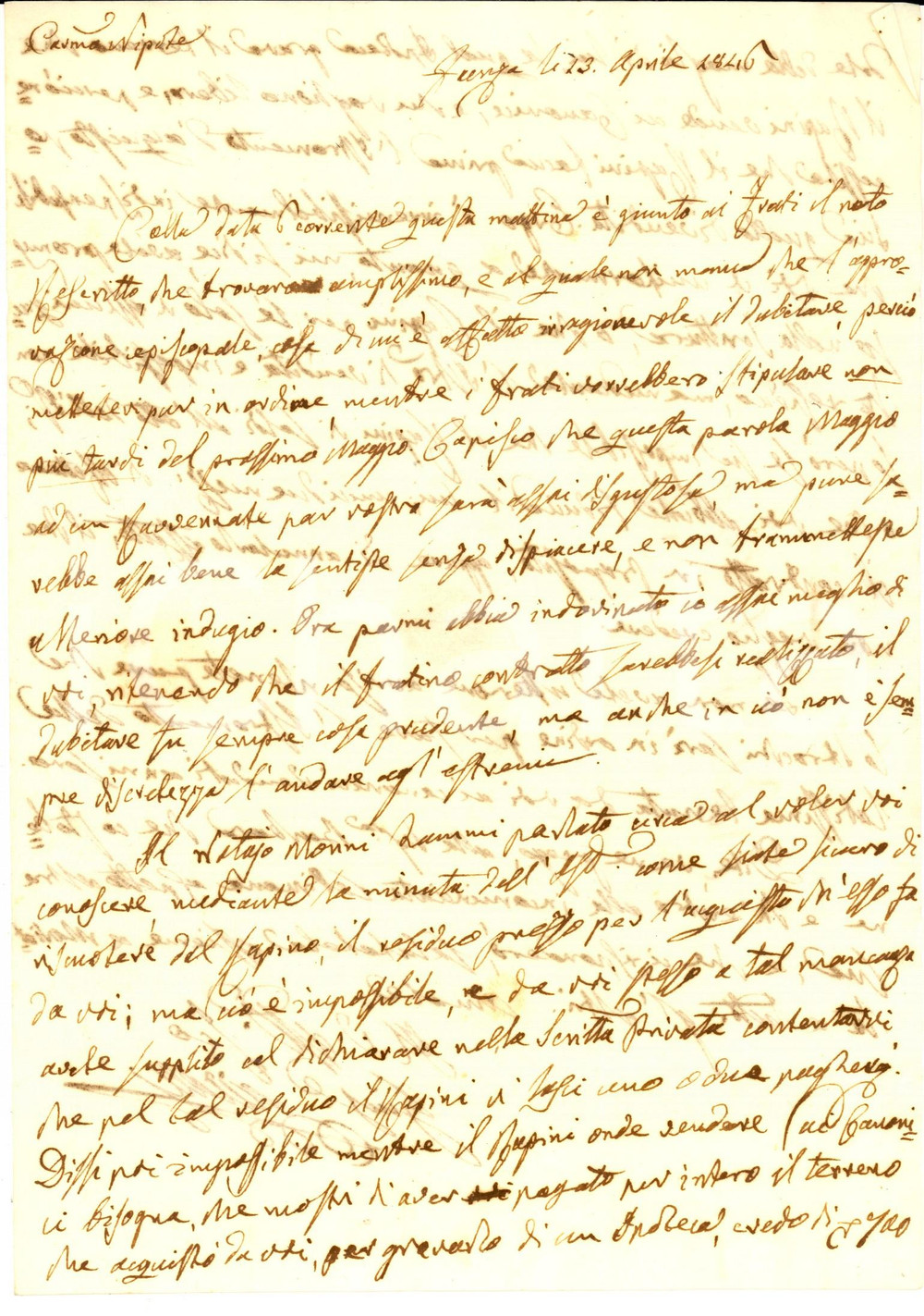 Manoscritto, lettera originale 1846 FAENZA Giuseppe AZZALLI raggiunge accordo con i frati domenicani per maggio 1