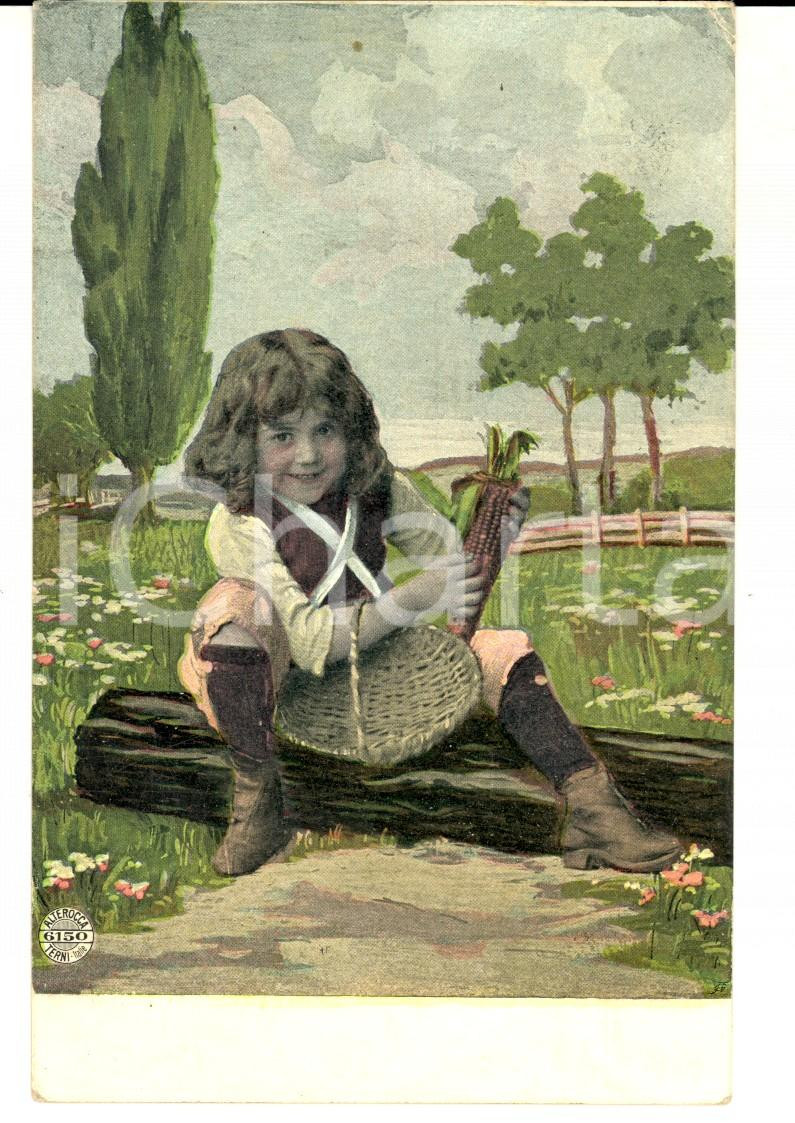 Cartolina originale da collezione 1910 ca BAMBINI Una monella con la pannocchia Cartolina VINTAGE ALTEROCCA FP 1