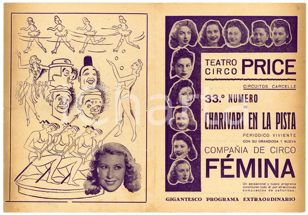 Materiale pubblicitario d’epoca 1930 ca MADRID TEATRO CIRCO PRICE Chiarivari Compania de circo FEMINA Pieghevole 1