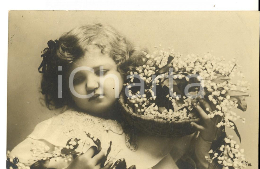 Cartolina originale da collezione 1907 PRIMAVERA Bambina con cesto fiorito Cartolina postale VINTAGE FP VG 1