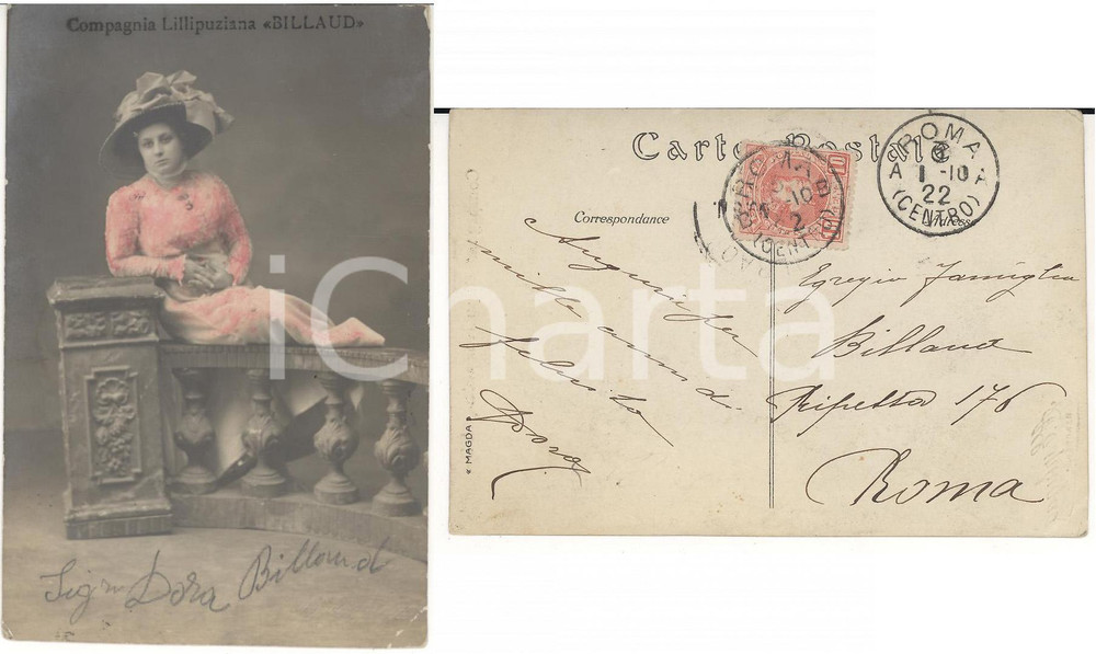 Autografo originale 1910 TEATRO Compagnia LILLIPUZIANA BILLAUD Autografo Dora BILLAUD Foto ESPLUGAS 1