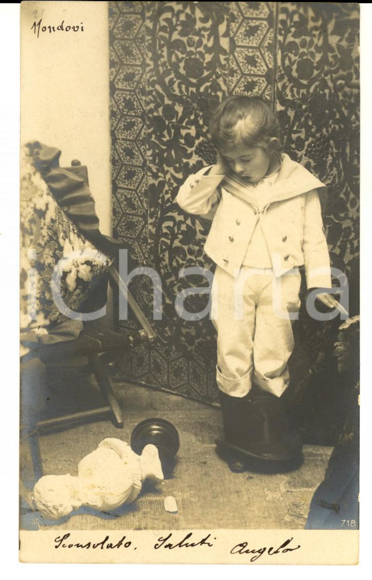 Cartolina originale da collezione 1901 BAMBINI Monello rompe una preziosa statua Cartolina postale VINTAGE FP VG 1