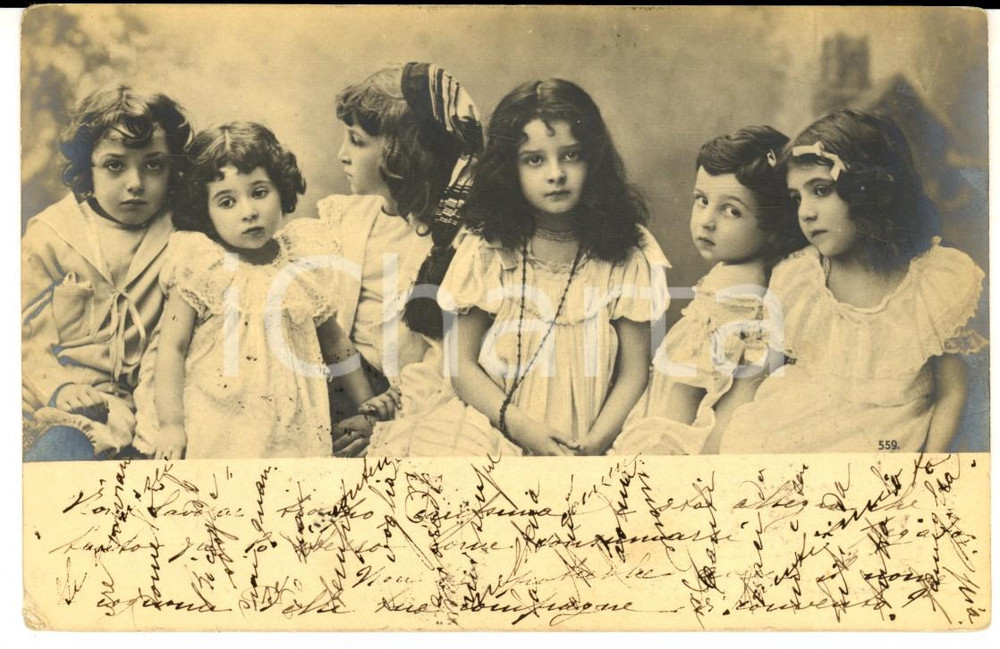 Cartolina originale da collezione 1904 COSTUMI Sei romantiche bambine in abito bianco Cartolina VINTAGE FP 1