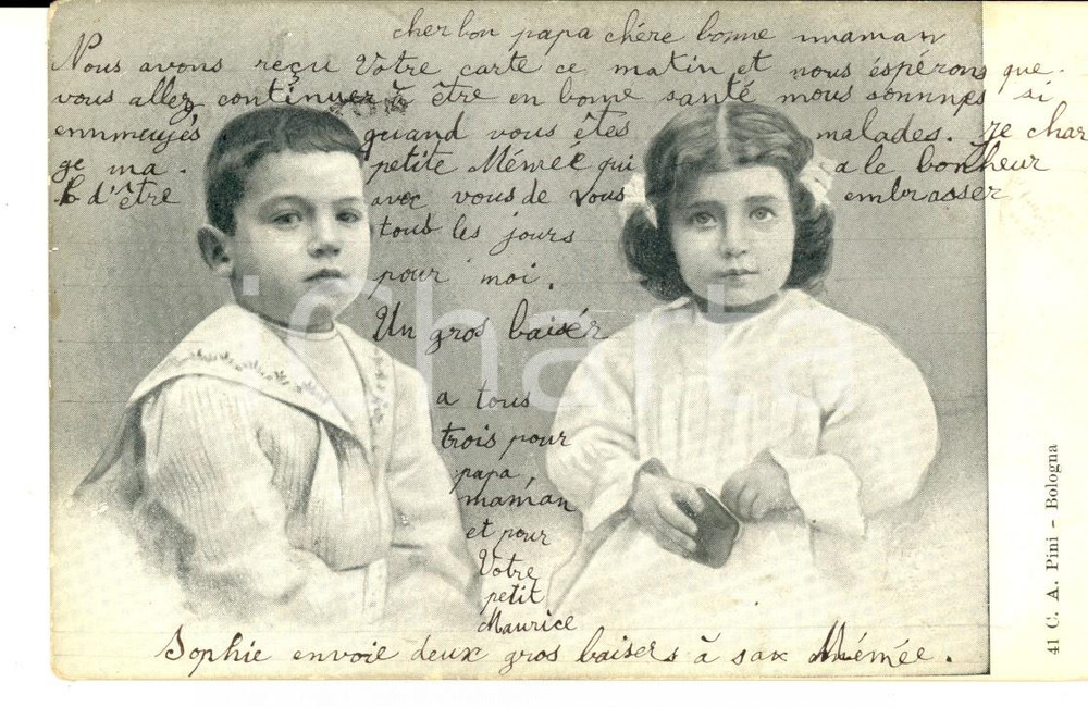 Cartolina originale da collezione 1904 BAMBINI Coppia di fratellini in abito bianco Cartolina VINTAGE A. PINI 1