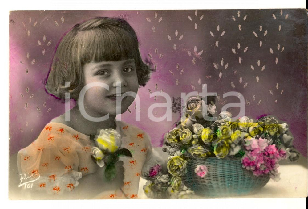 Cartolina originale da collezione 1925 COSTUMI Romantica bambina con cesto di rose Cartolina VINTAGE FP 1
