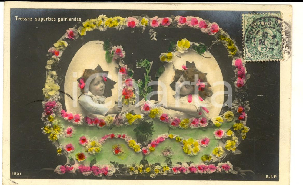 Cartolina originale da collezione 1905 ca COSTUMI Bambine tra ghirlande fiorite Cartolina colorata VINTAGE FP 1