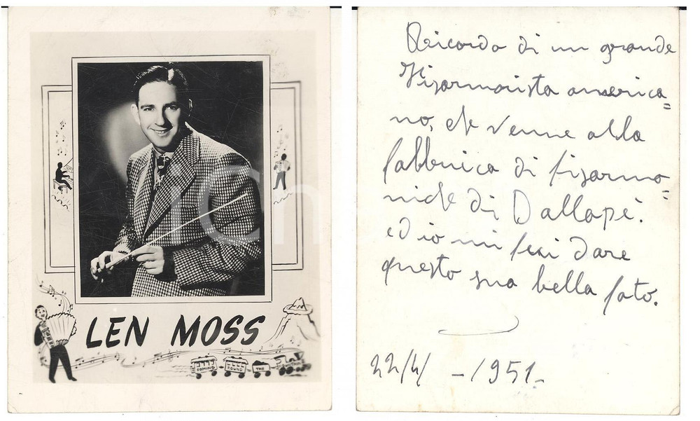 Fotografia d epoca originale 1951 USA Fisarmonicista Len MOSS  Ritratto con dedica per fabbrica DALLAPE 1