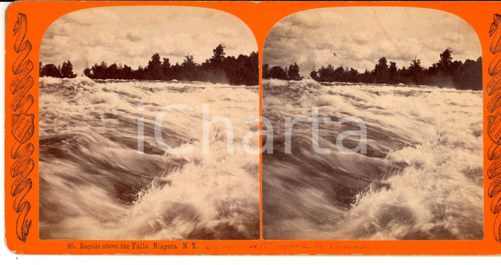 Fotografia d epoca originale 1890 NIAGARA FALLS NY Rapids above the Falls Stereoscopic photo BIERSTADT 1