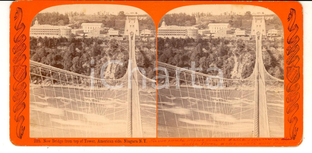 Fotografia d epoca originale 1890 NIAGARA FALLS New Bridge from top of Tower Stereoscopic photo BIERSTADT 1