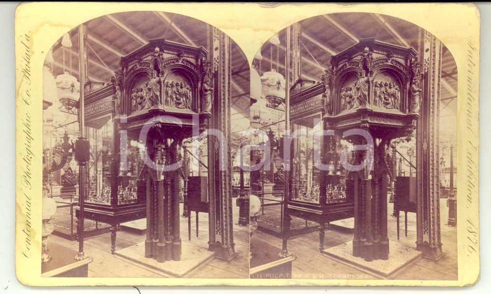 Fotografia d epoca originale 1876 PHILADELPHIA CENTENNIAL INTERNATIONAL EXHIBITION Pulpit Stereoscopic photo 1