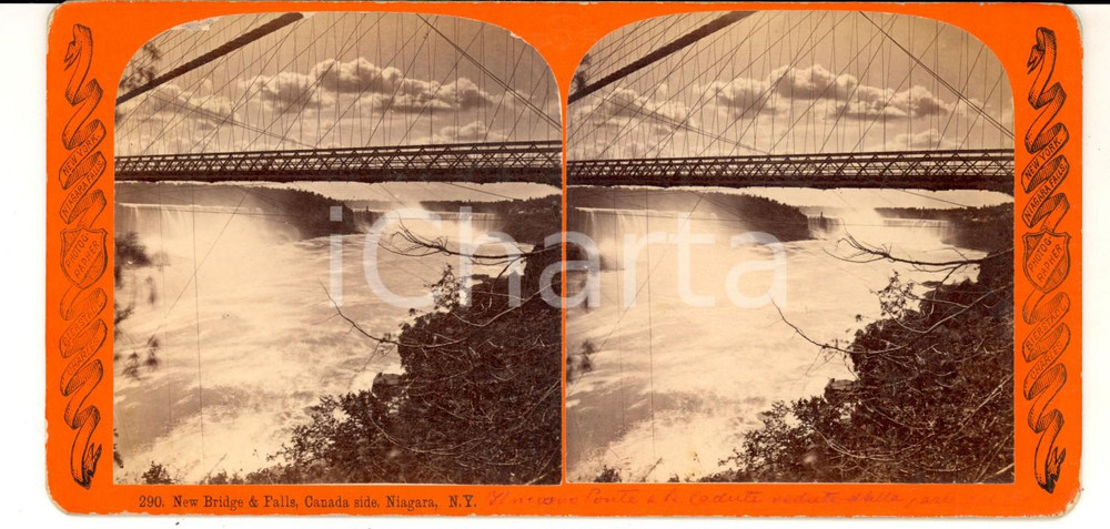 Fotografia d epoca originale 1890 ca NIAGARA FALLS NY New Bridge and Falls Stereoscopic photo BIERSTADT 1