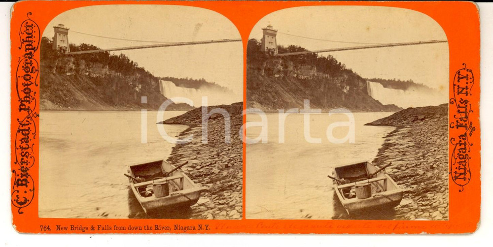 Fotografia d epoca originale 1890 ca NIAGARA FALLS New Bridge and Falls from down the river Photo BIERSTADT 1