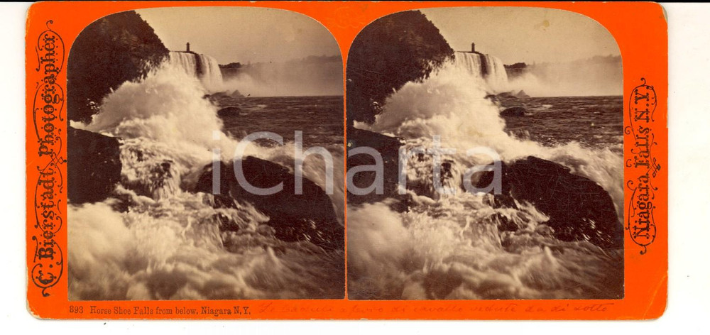 Fotografia d epoca originale 1890 NIAGARA FALLS NY Horseshoe Falls from below Stereoscopic photo BIERSTADT 1