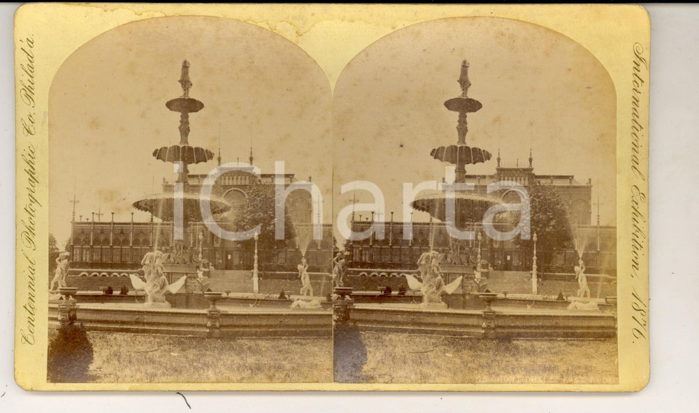 Fotografia d epoca originale 1876 PHILADELPHIA CENTENNIAL EXHIBITION Fontana e padiglione Agricoltura Foto 1