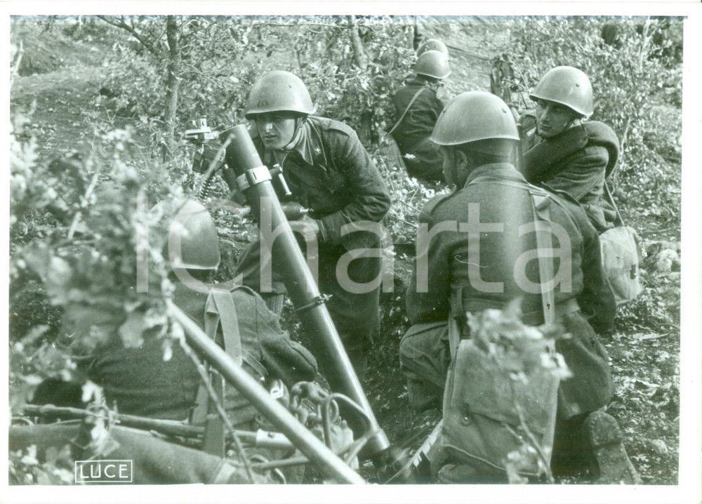 Fotografia d epoca originale 1940 ca FRONTE GRECO ALBANESE WW2 Fanteria italiana con il mortaio Fotografia 1