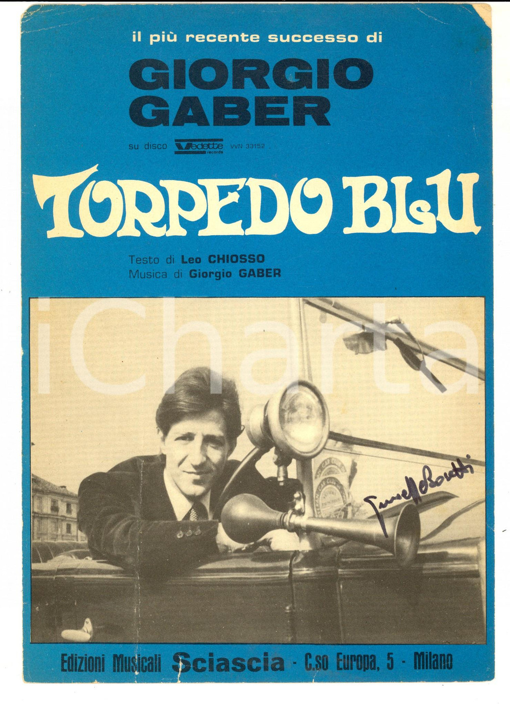 Oggetto da collezione cartaceo 1968 Giorgio GABER Torpedo blu Partitura canto  mandolino ed. SCIASCIA 1