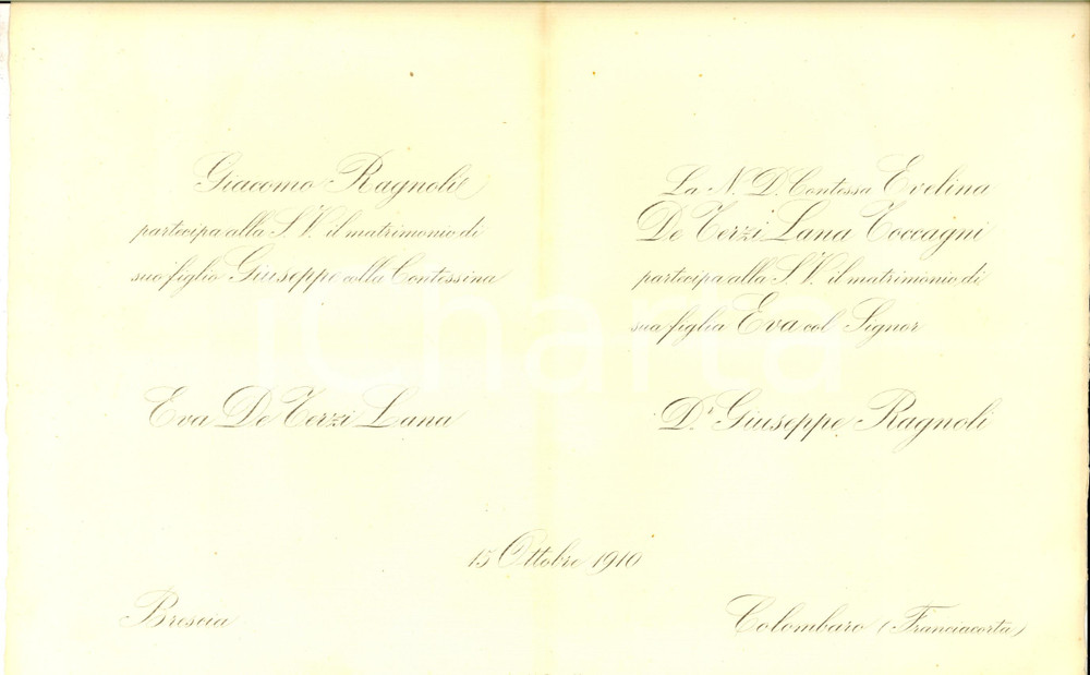 Documento originale, autentico 1910 BRESCIA Nozze Giuseppe RAGNOLI  contessa Eva DE TERZI LANA Partecipazione 1