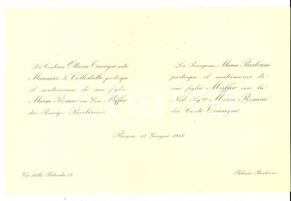 Documento originale, autentico 1948 ROMA Nozze Maffeo BARBERINI  Maria Rosario TRACAGNI Partecipazione 1