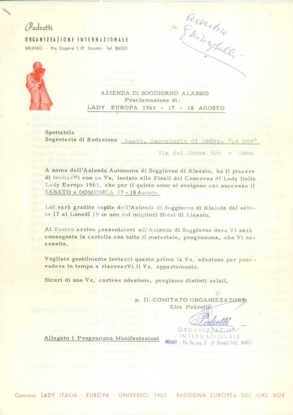 Materiale pubblicitario d’epoca 1963 ALASSIO SV Concorso Lady Italia all Azienda di Soggiorno Programma 1