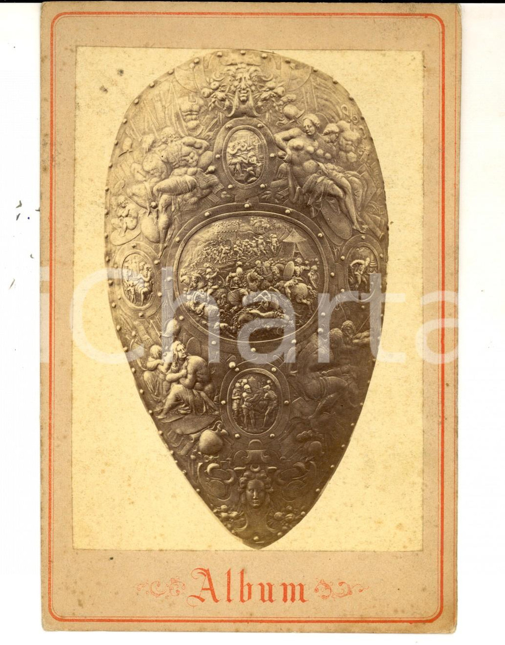 Fotografia d epoca originale 1870 ca ARTE Scudo in bronzo attribuito a Benvenuto CELLINI Foto VINTAGE  17x12 1