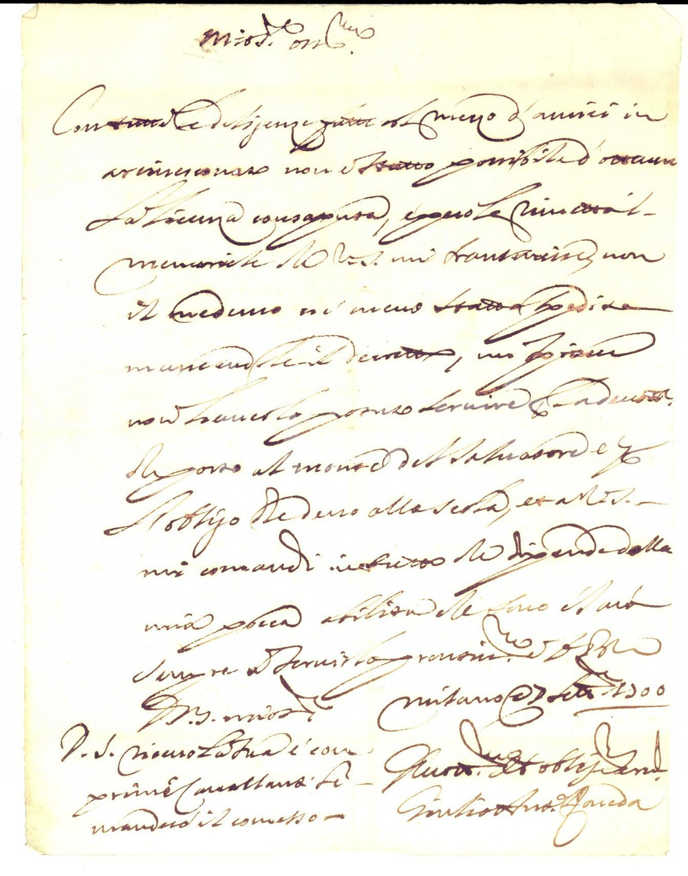 Documento originale, autentico 1700 MILANO Pietro Antonio ROVEDA non ottiene la licenza richiesta Lettera 1
