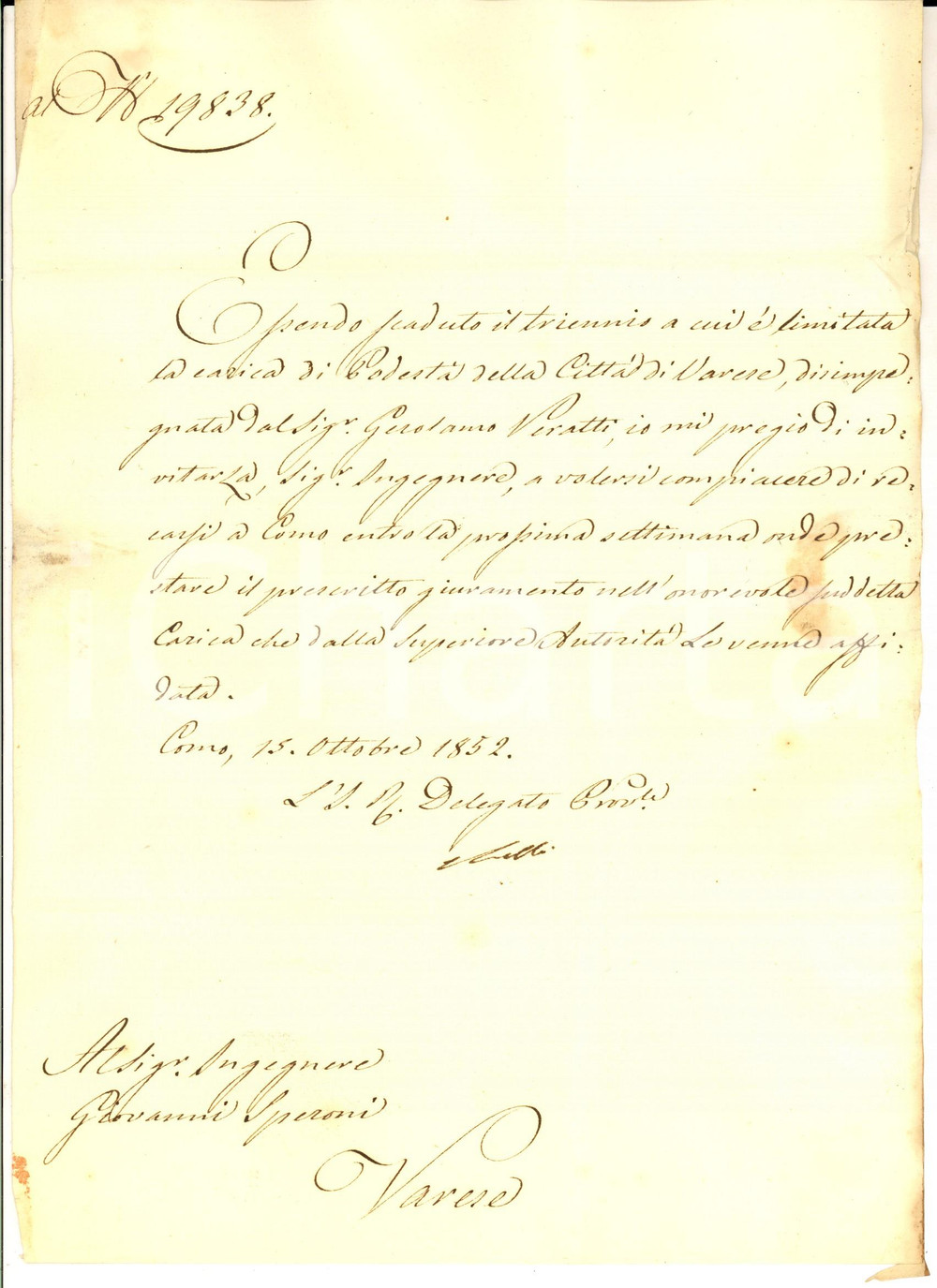 Documento originale, autentico 1852 VARESE Lettera all ing. Giovanni SPERONI  Invito al giuramento 1