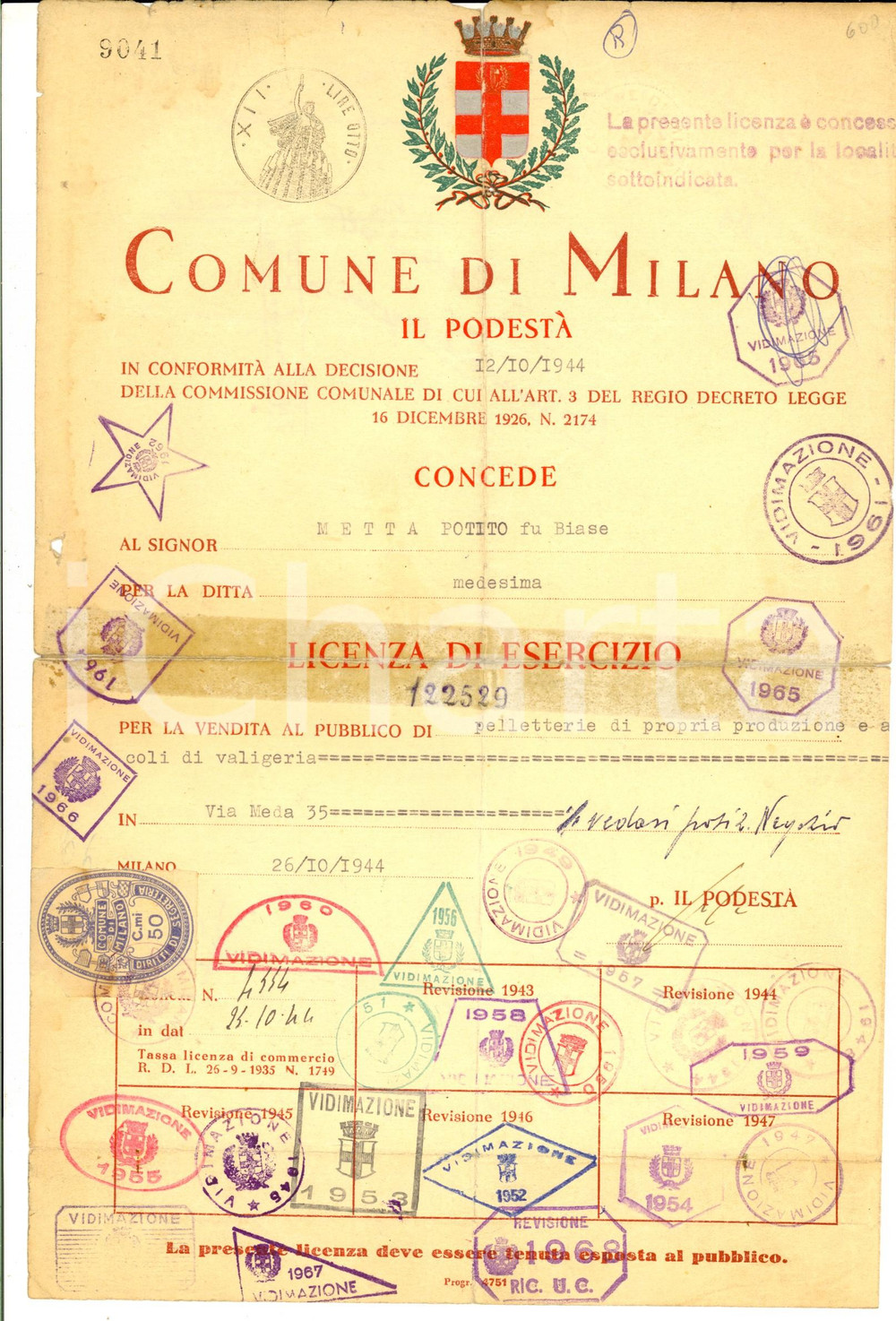 Documento originale, autentico 1944 MILANO via Meda 35 Licenza di esecizio di pelletteria  DANNEGGIATA 1