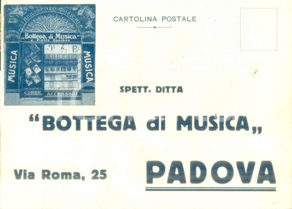 Cartolina originale da collezione 1940 ca PADOVA Bottega di Musica di Pietro ZANIBON Cartolina pubblicitaria 1