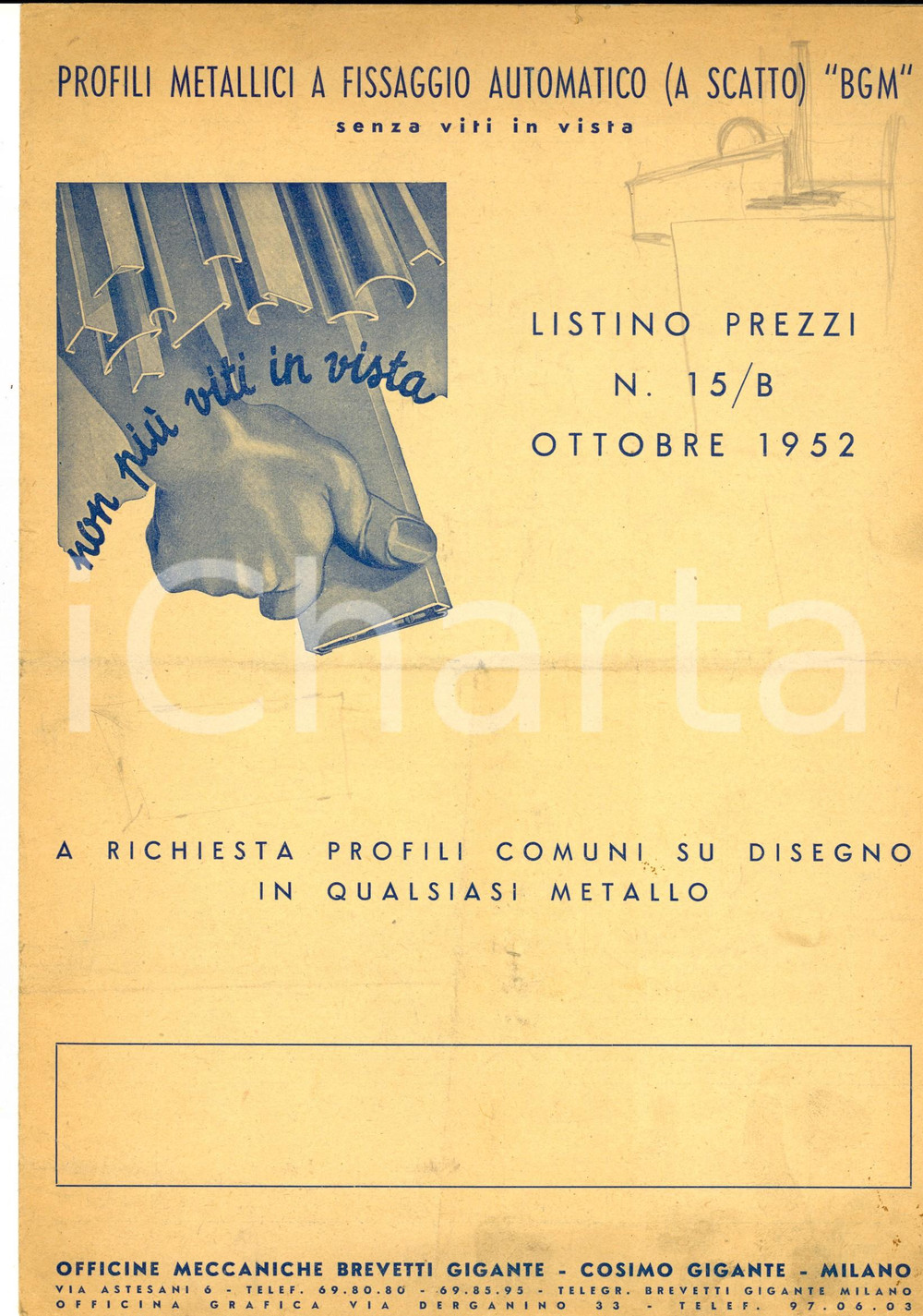 Documento originale, autentico 1952 MILANO Officine Cosimo GIGANTE Listino prezzi profili metallici BGM 1