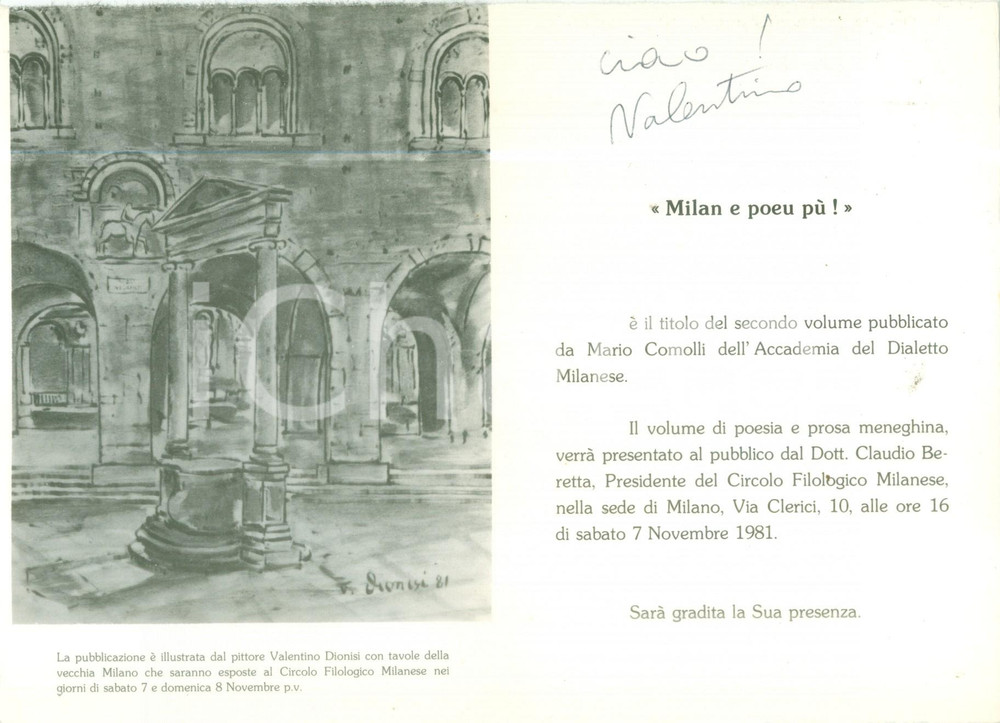 Autografo originale 1981 MILANO Valentino DIONISI Cartoncino d invito con autografo 1