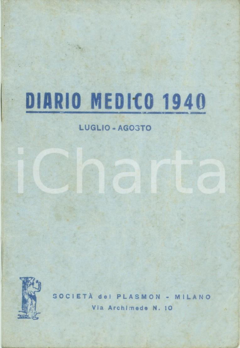 Oggetto da collezione cartaceo 1940 MILANO Società  del PLASMON Diario medico Luglio  agosto Non compilato 1
