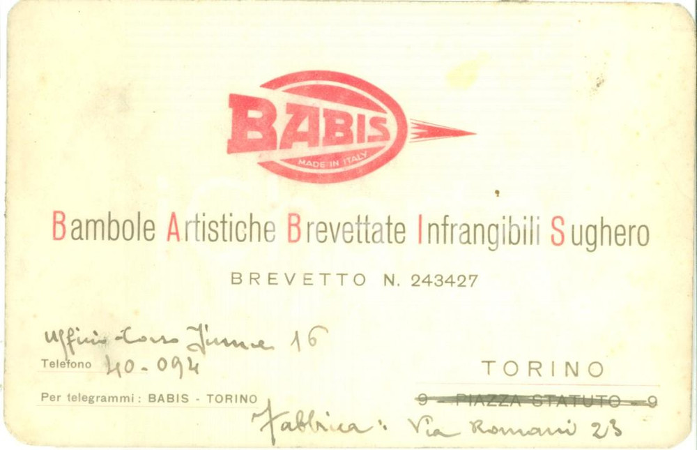 Documento originale, autentico 1935 ca TORINO Bambole Artistiche Brevettate Infrangibili Sughero BABIS 1