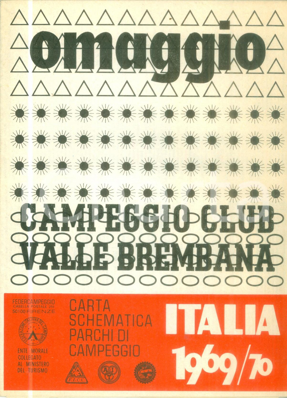 Materiale pubblicitario d’epoca 1969 VALLE BREMBANA Carta schematica parchi di campeggio FEDERCAMPEGGIO 1