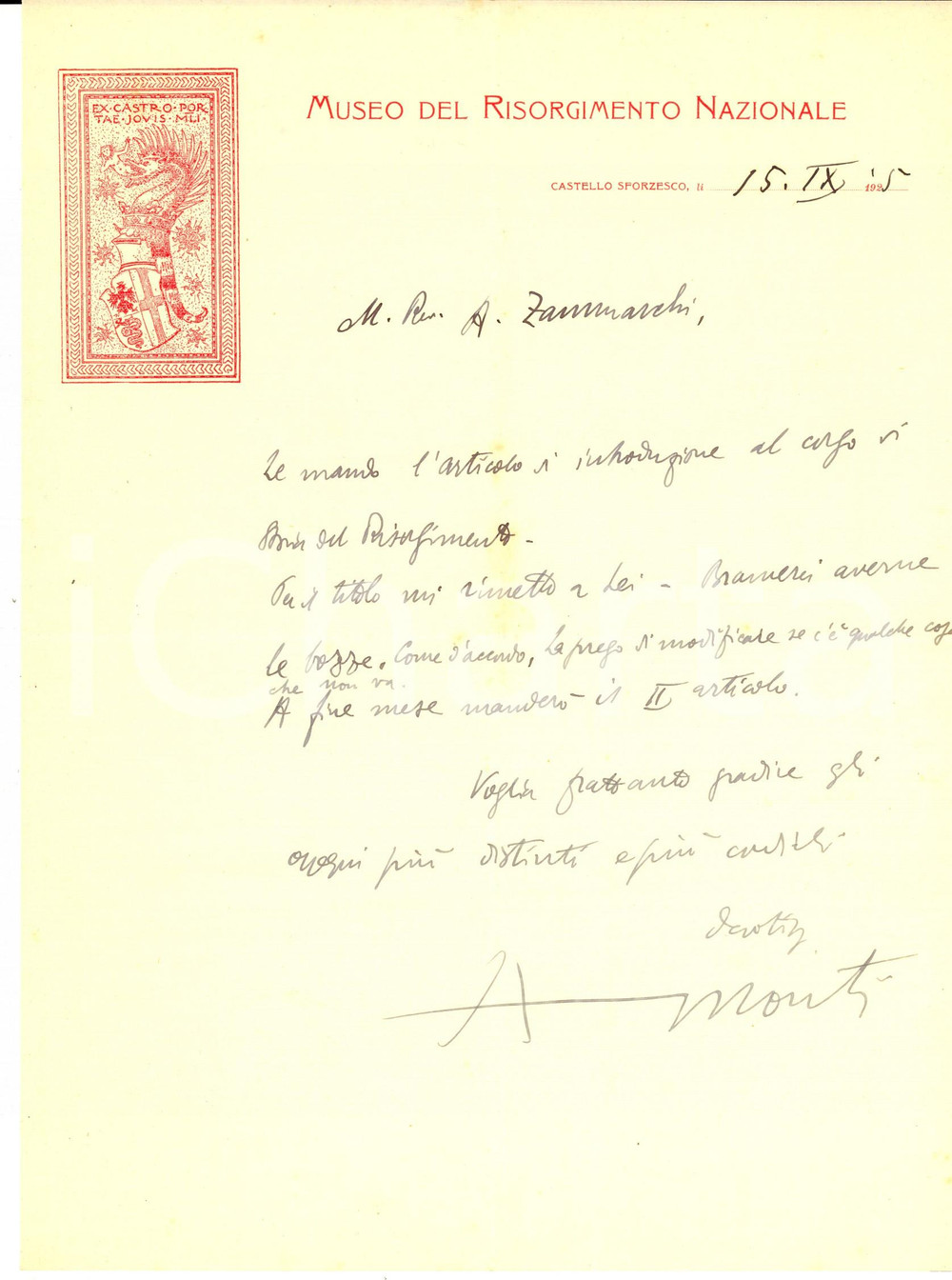 Autografo originale 1925 MILANO Museo del Risorgimento  Antonio MONTI invia articolo AUTOGRAFO 1