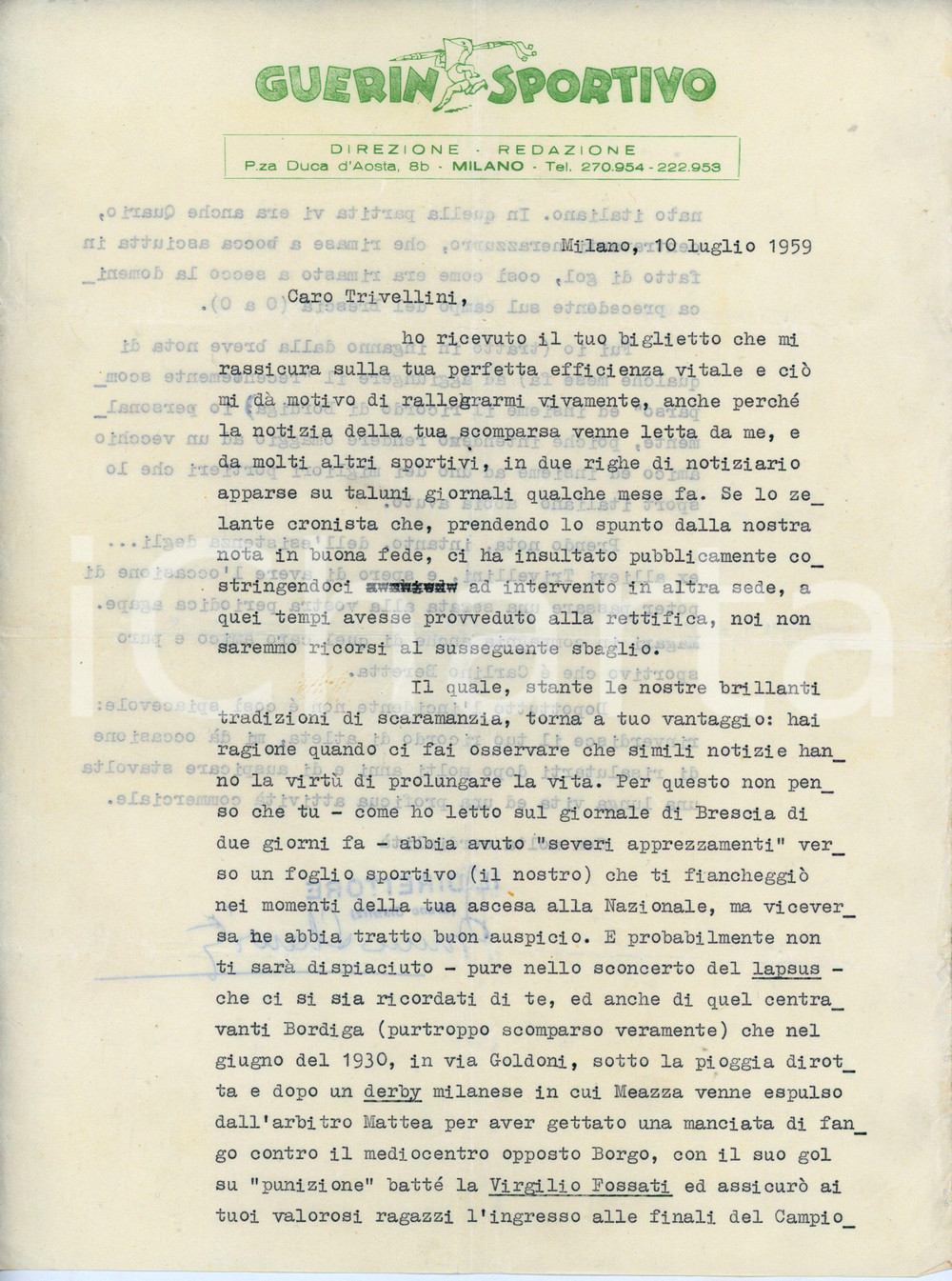 Autografo originale 1959 MILANO  GUERIN SPORTIVO Bruno SLAWITZ Lettera con AUTOGRAFO 1