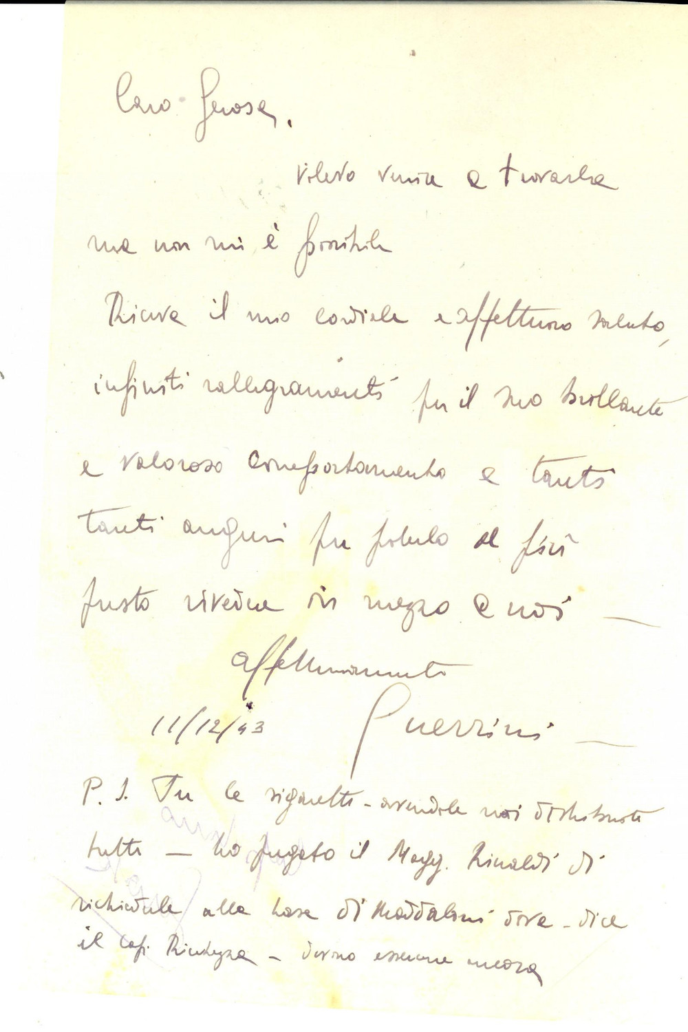 Manoscritto, lettera originale 1943 ZONA DI GUERRA Auguri maggiore Marco GUERRINI a Giuseppe GEROSA Lettera 1