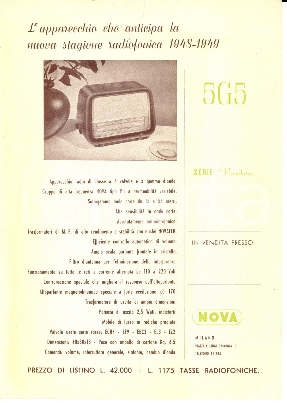Materiale pubblicitario d’epoca 1948 MILANO Radio NOVA Apparecchio 5G5 Volantino pubblicitario ILLUSTRATO 1