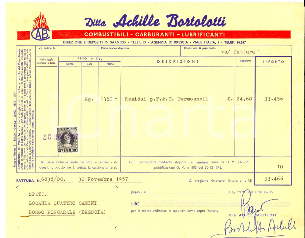 Autografo originale 1957 ATALANTA CALCIO Achille BORTOLOTTI Fattura intestata con autografo 1