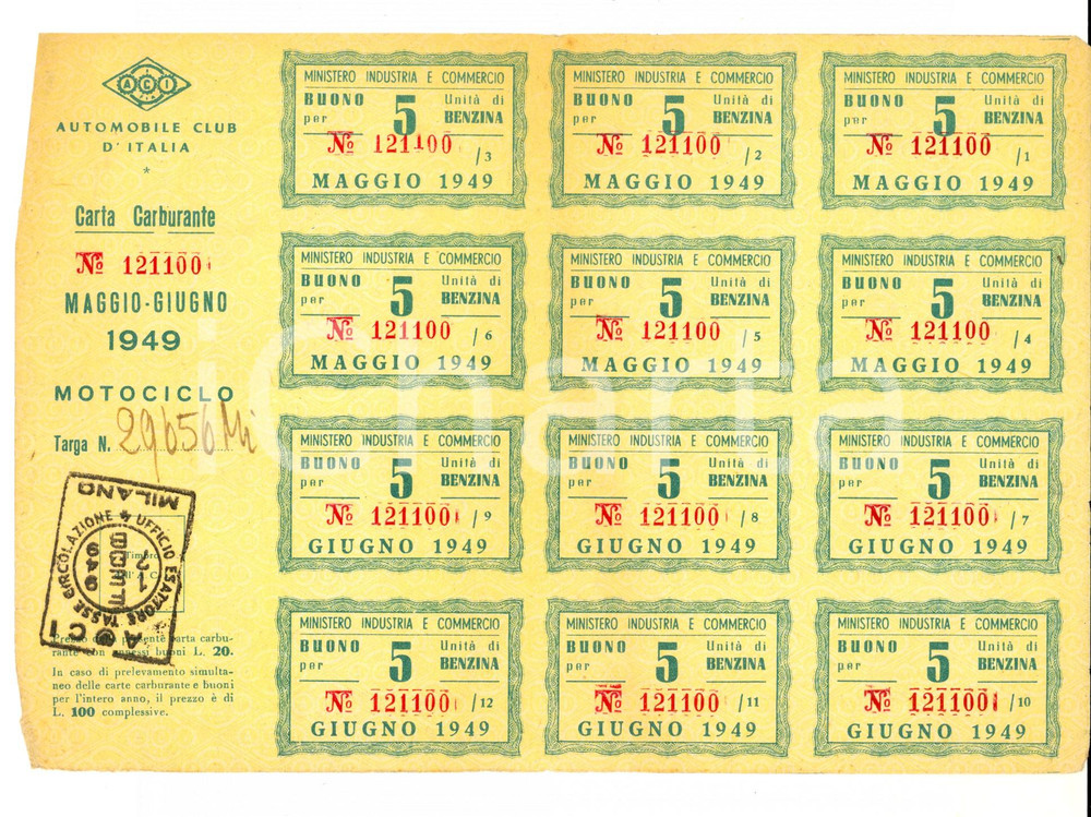 Documento originale, autentico 1949 ACI AUTOMOBILE CLUB ITALIA Carta carburante per motociclo Buoni5 unità 1