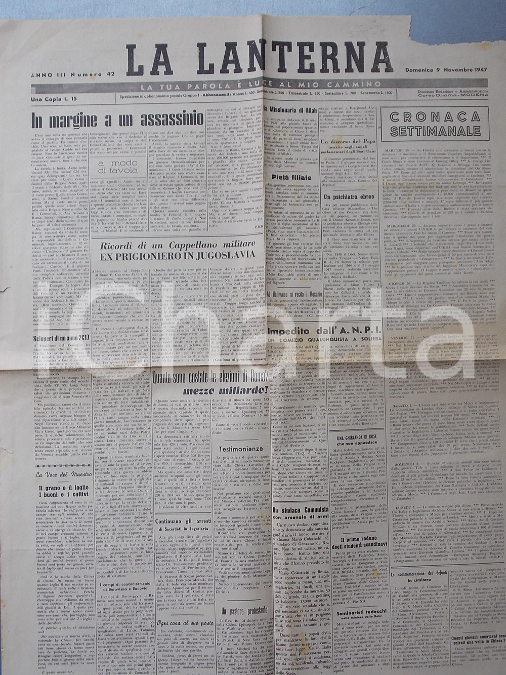 1947 LA LANTERNA Ricordi don Guerrino FABBRI JUGOSLAVIA *Giornale anno III nÂ° 42  PAGINE: 1 (fronte/retro)CONDIZIONI: FAIR (mancanza all'angolo superiore destro)    originale e autentica 1