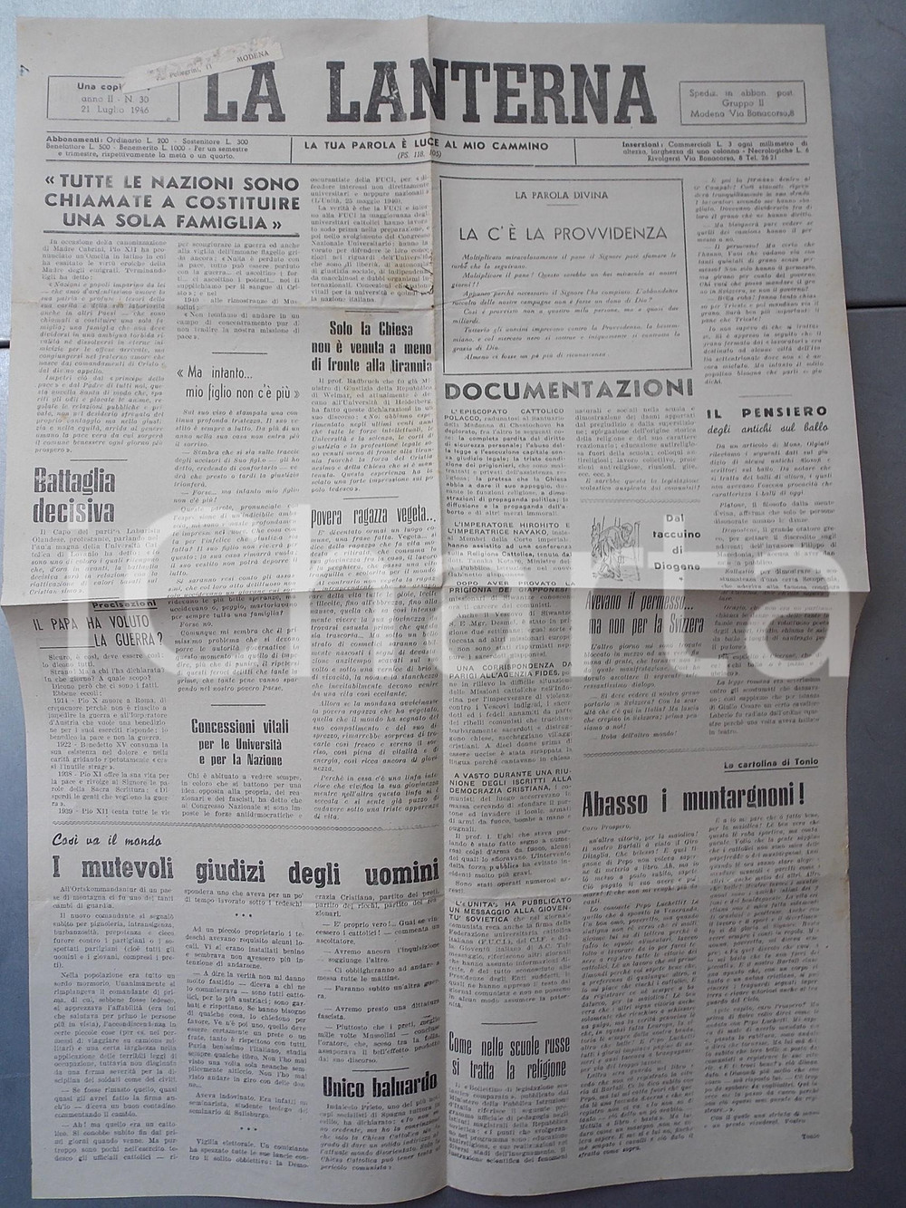 Giornale, rivista storica 1946 LA LANTERNA Il Papa ha voluto la guerra? Giornale cattolico anno II nÂ° 30 1