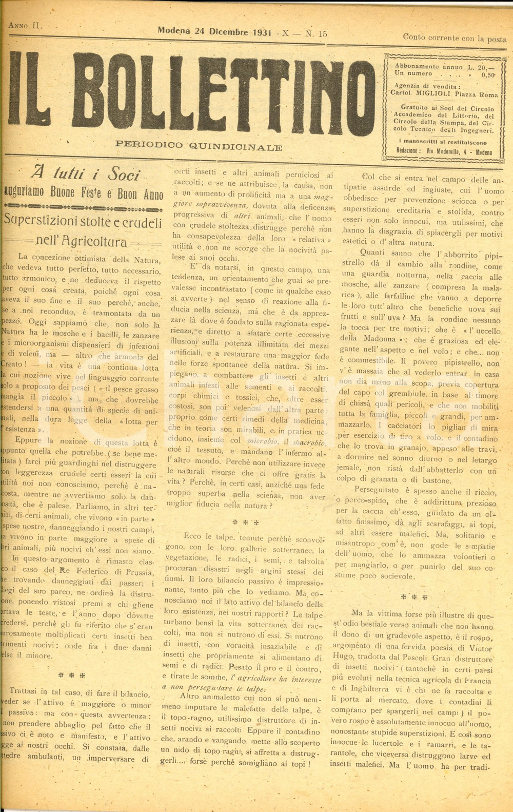 Giornale, rivista storica 1931 MODENA IL BOLLETTINO Luigi LEGNANI musicista dimenticato Anno II nÂ° 15 1