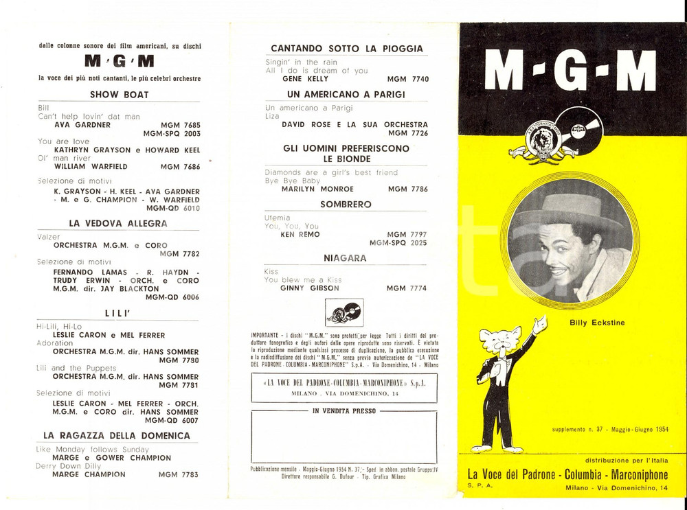 Materiale pubblicitario d’epoca 1954 MILANO Dischi MGM Volantino pubblicitario ultime uscite 1