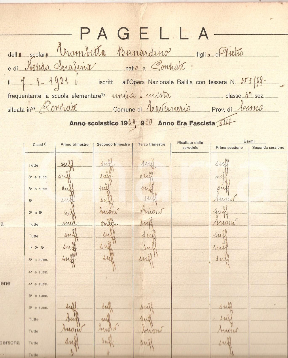 1930 TAVERNERIO (CO) Scuola elementare - Pagella scolastica Bernardino TROMBETTA