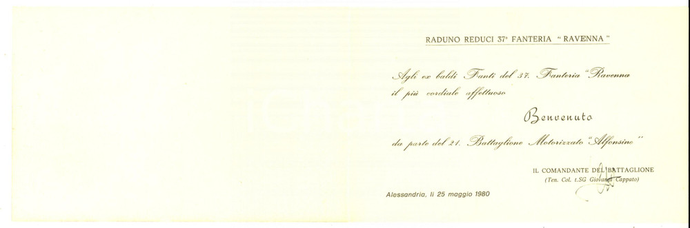 Oggetto da collezione cartaceo 1980 ALESSANDRIA Raduno 37° Fanteria RAVENNA Biglietto col. Giovanni CAPPATO 1