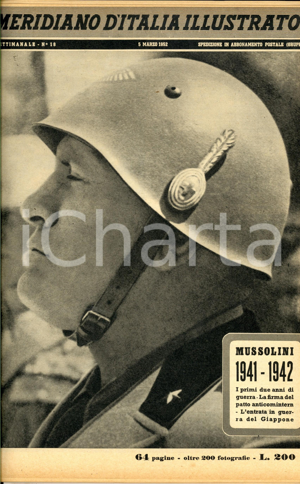 Giornale, rivista storica 1952 MERIDIANO D ITALIA ILLUSTRATO Inserto Mussolini 19411942  Anno II nÂ° 18 1