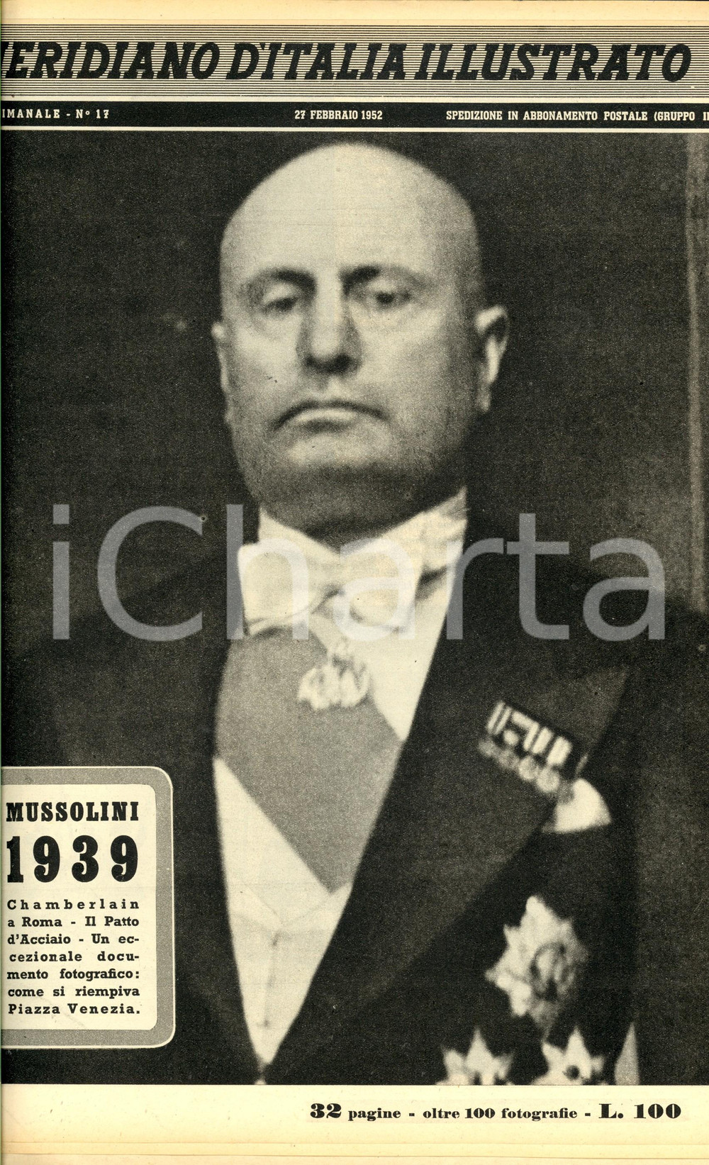 Giornale, rivista storica 1952 MERIDIANO D ITALIA ILLUSTRATO Inserto Mussolini 1939  Anno II n° 17 1
