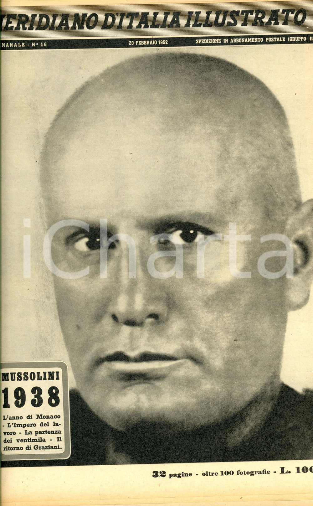 Giornale, rivista storica 1952 MERIDIANO D ITALIA ILLUSTRATO Inserto Mussolini 1938  Anno II n° 16 1